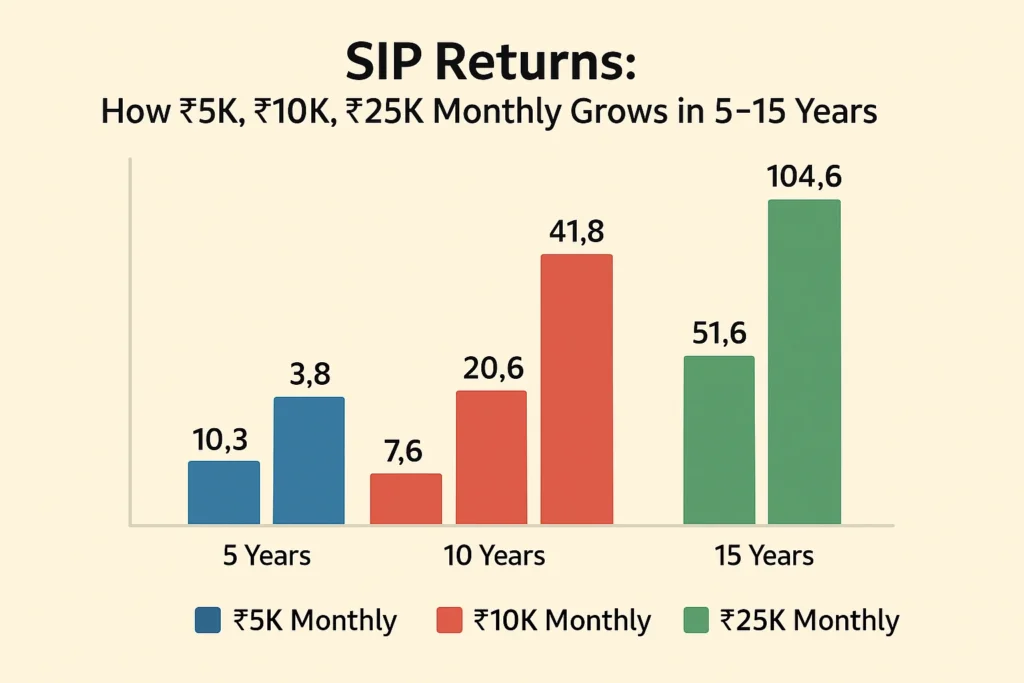 SIP Returns: ₹5K, ₹10K, ₹25K Monthly Grows in 5-15 Years 148 SIP Returns: ₹5K, ₹10K, ₹25K Monthly Grows in 5-15 Years