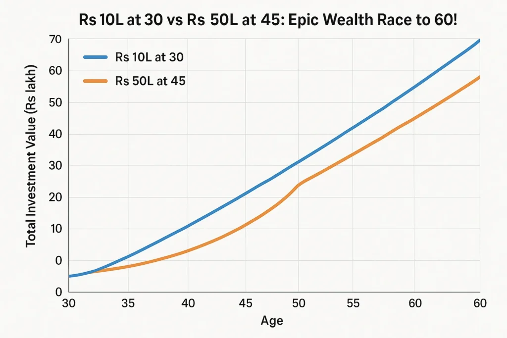 Rs 10 Lakh Invested at 30 vs Rs 50 Lakh at 45: Who Will Be Richer at 60? 148 Rs 10 Lakh Invested at 30 vs Rs 50 Lakh at 45: Who Will Be Richer at 60?