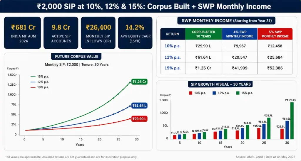 ₹2,000 SIP at 10%, 12% & 15%:Corpus Built + SWP Monthly Income
